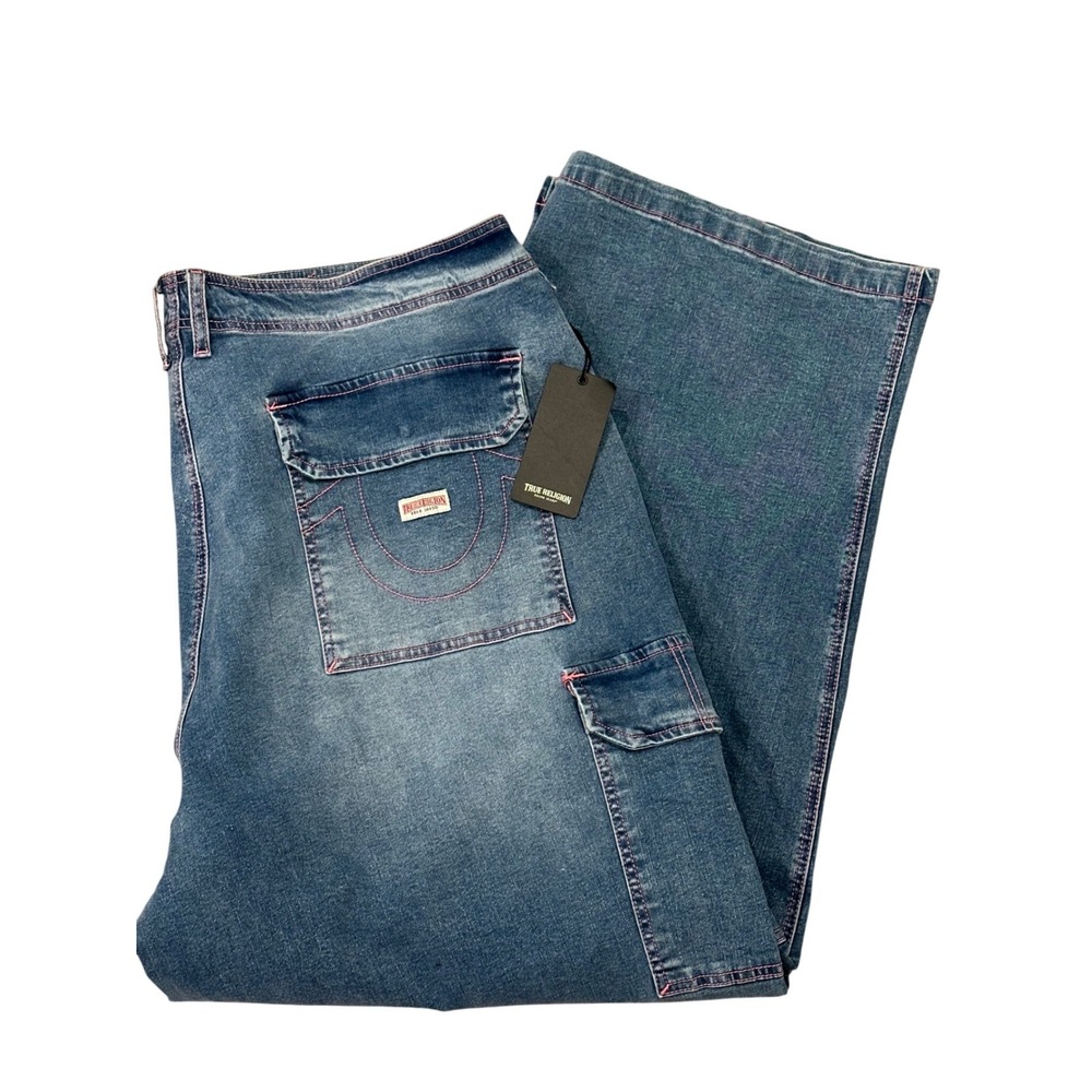 True Religion Denim Cargo SN Straight Jeans Medium Tide Wash Pink Stitch Size 42